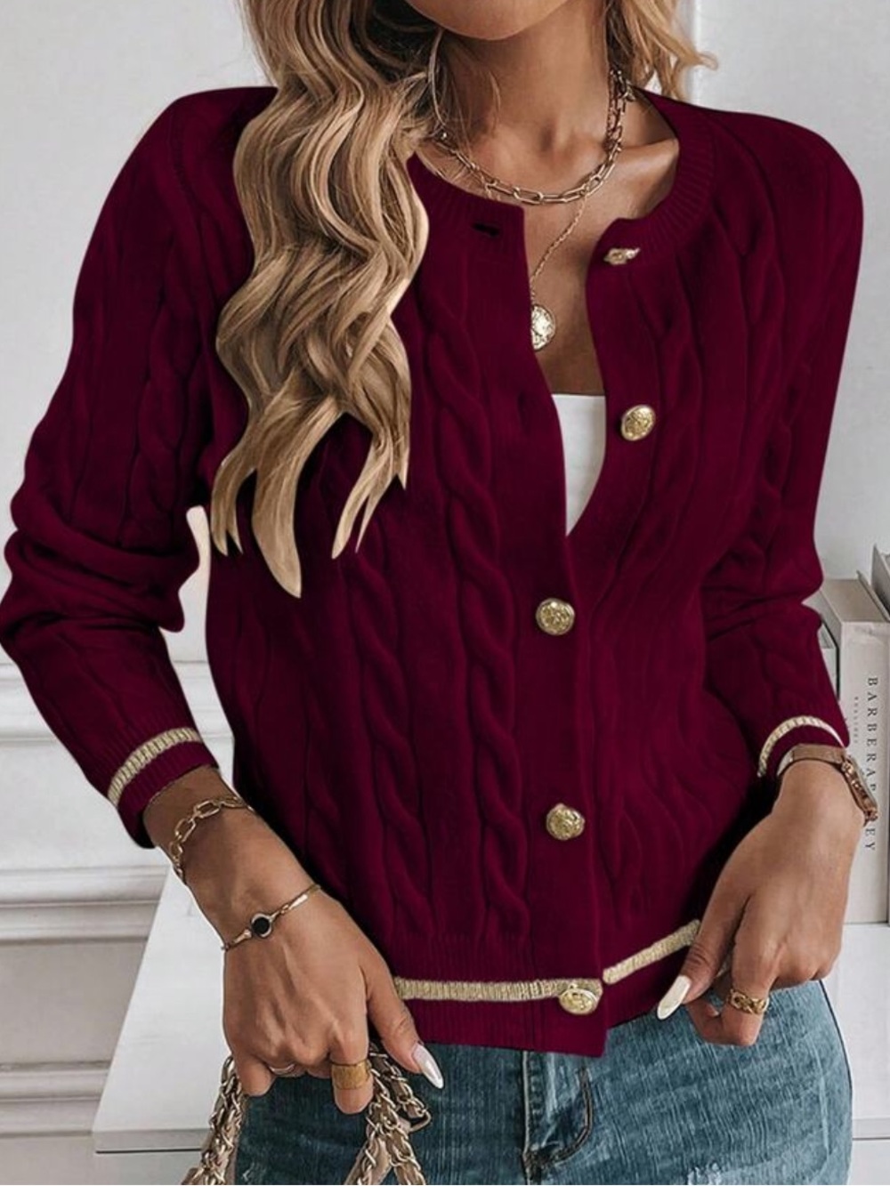 Women’s Burgundy Cable Knit Button-Front Sweater Cardigan